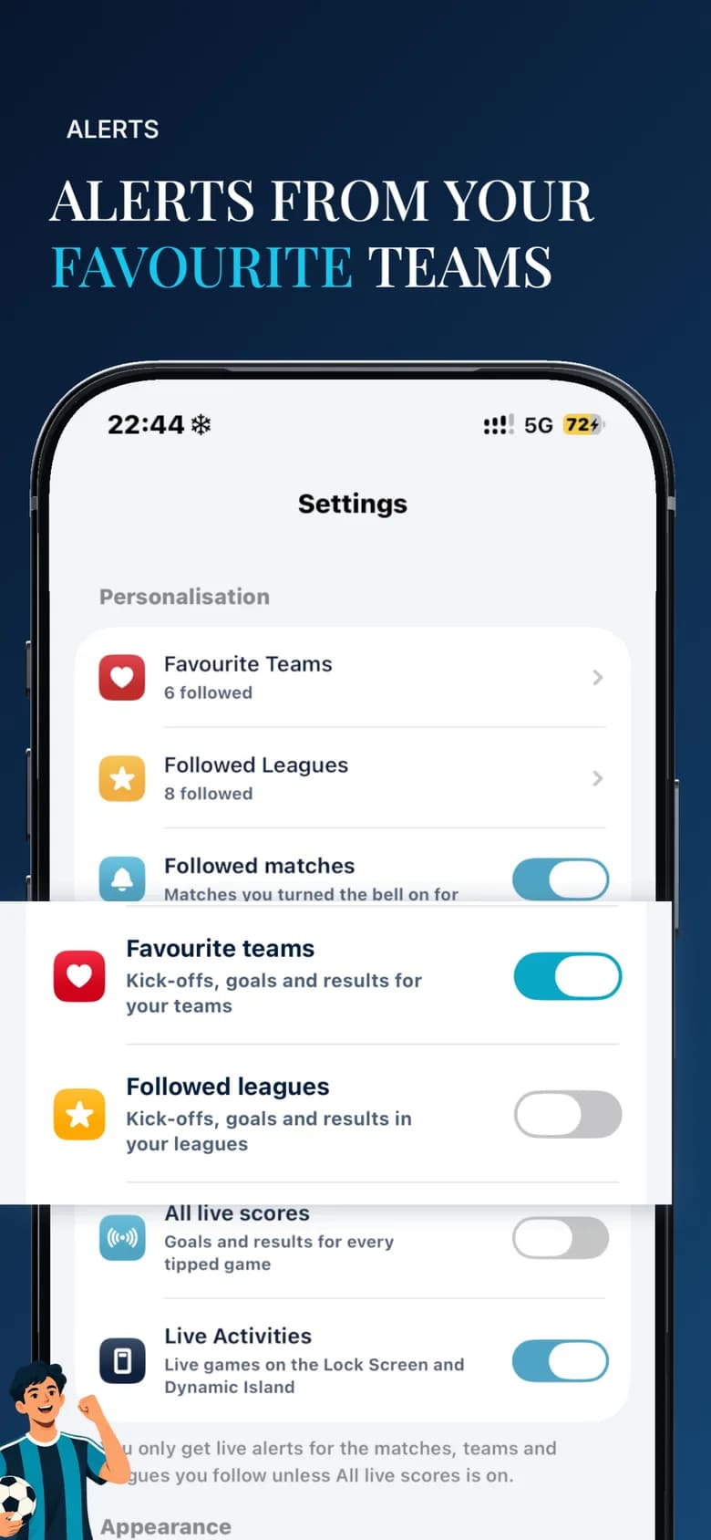 SportyPredict alert settings for favourite teams, followed leagues and Live Activities