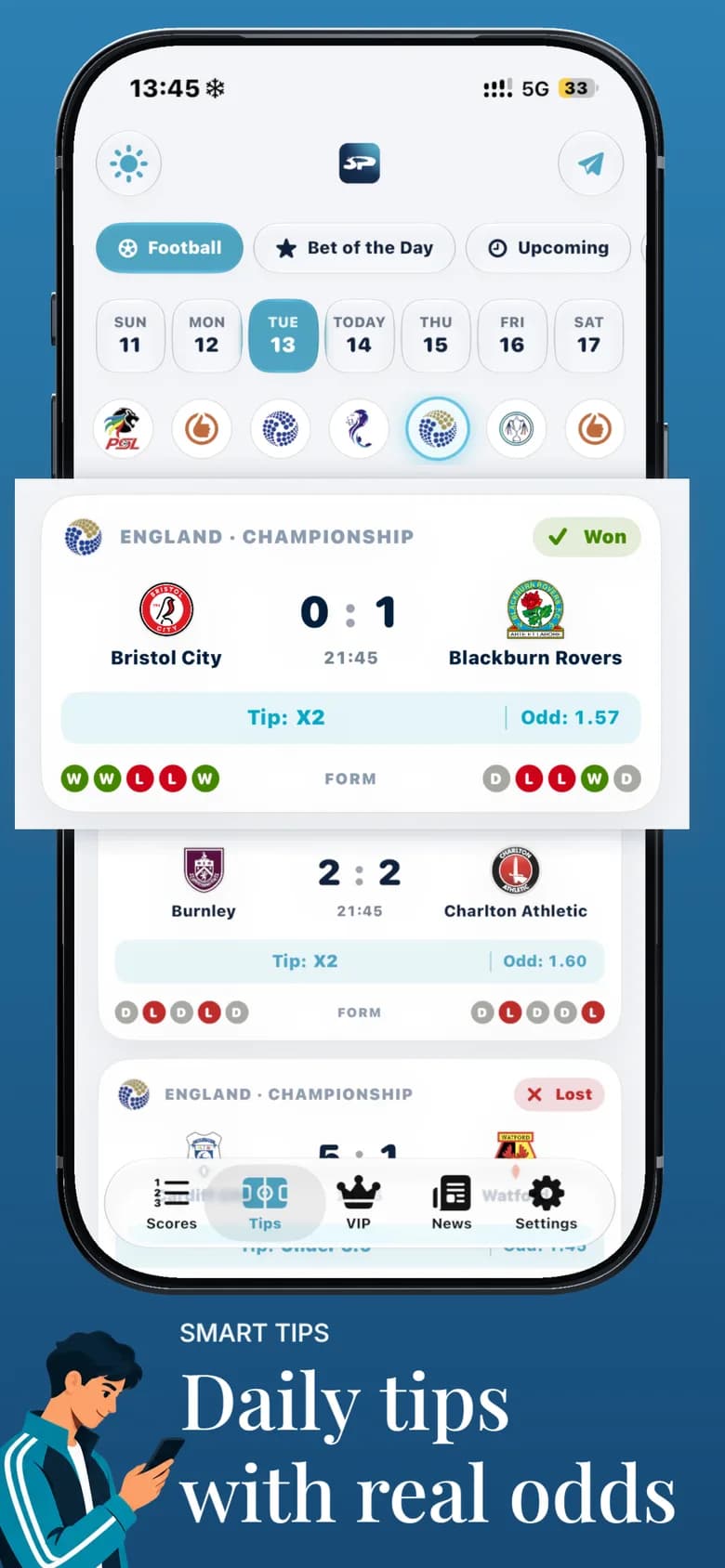 SportyPredict daily football tips with odds, results and team form